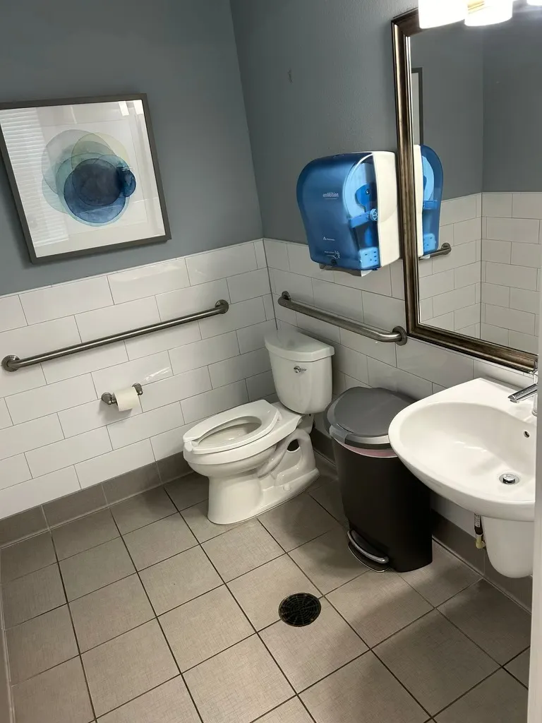 Clean bathroom with toilet, sink, and grab bars in an apartment complex clubhouse